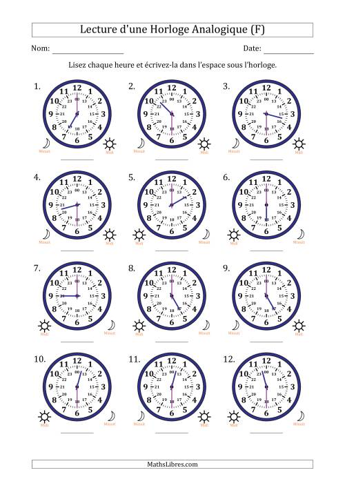 Lecture de l'Heure sur Une Horloge Analogique utilisant le système horaire sur 24 heures avec 30 Minutes d'Intervalle (12 Horloges) (F)