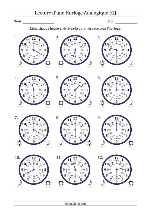 Lecture de l'Heure sur Une Horloge Analogique utilisant le système horaire sur 24 heures avec 30 Minutes d'Intervalle (12 Horloges) (G)