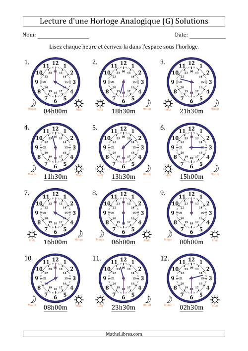 Lecture de l'Heure sur Une Horloge Analogique utilisant le système horaire sur 24 heures avec 30 Minutes d'Intervalle (12 Horloges) (G) page 2