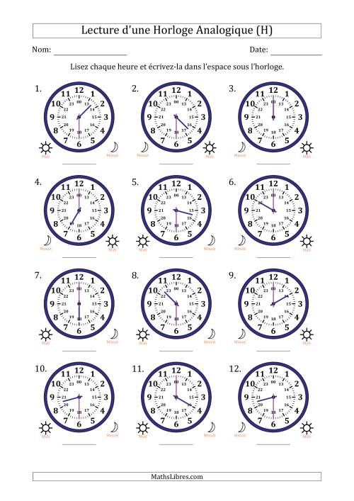 Lecture de l'Heure sur Une Horloge Analogique utilisant le système horaire sur 24 heures avec 30 Minutes d'Intervalle (12 Horloges) (H)