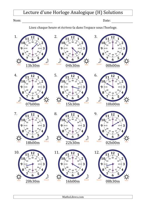 Lecture de l'Heure sur Une Horloge Analogique utilisant le système horaire sur 24 heures avec 30 Minutes d'Intervalle (12 Horloges) (H) page 2