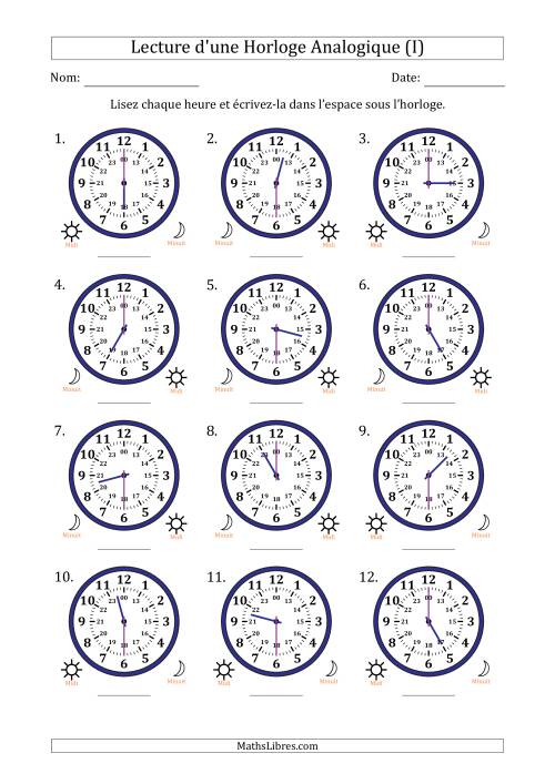 Lecture de l'Heure sur Une Horloge Analogique utilisant le système horaire sur 24 heures avec 30 Minutes d'Intervalle (12 Horloges) (I)