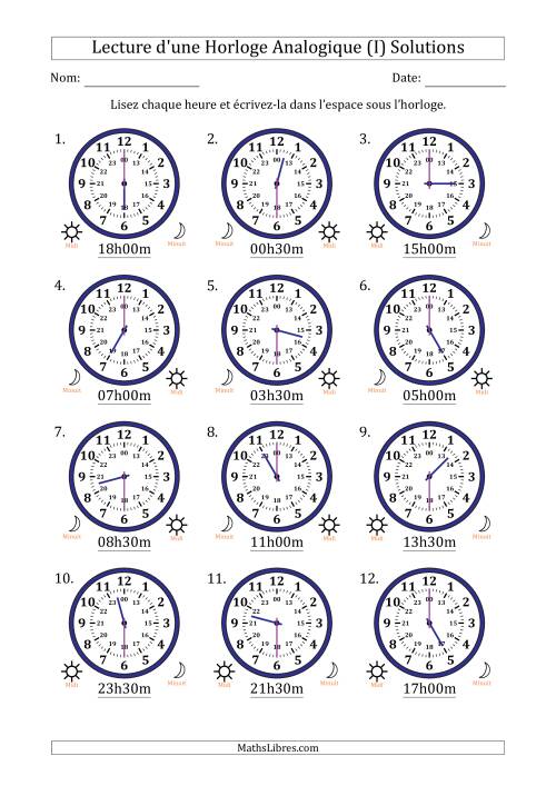 Lecture de l'Heure sur Une Horloge Analogique utilisant le système horaire sur 24 heures avec 30 Minutes d'Intervalle (12 Horloges) (I) page 2