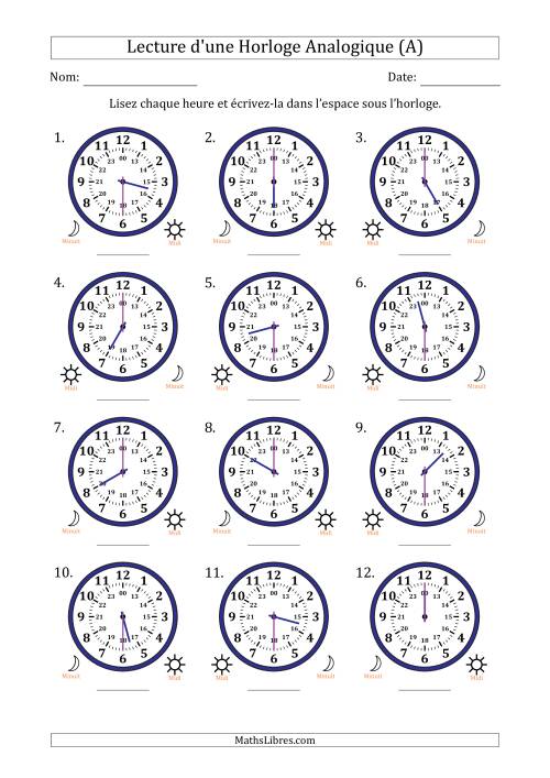 Lecture de l'Heure sur Une Horloge Analogique utilisant le système horaire sur 24 heures avec 30 Minutes d'Intervalle (12 Horloges) (Tout)