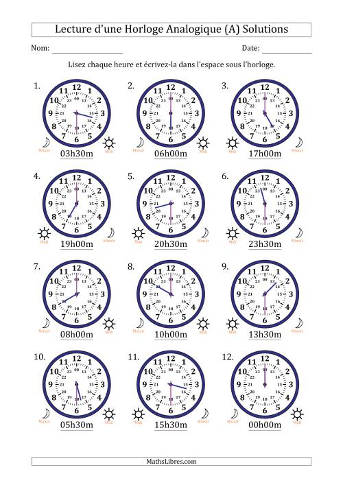 Lecture de l'Heure sur Une Horloge Analogique utilisant le système horaire sur 24 heures avec 30 Minutes d'Intervalle (12 Horloges) (Tout) page 2