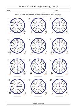 Lecture de l'Heure sur Une Horloge Analogique utilisant le système horaire sur 24 heures avec 1 Heures d'Intervalle (12 Horloges)