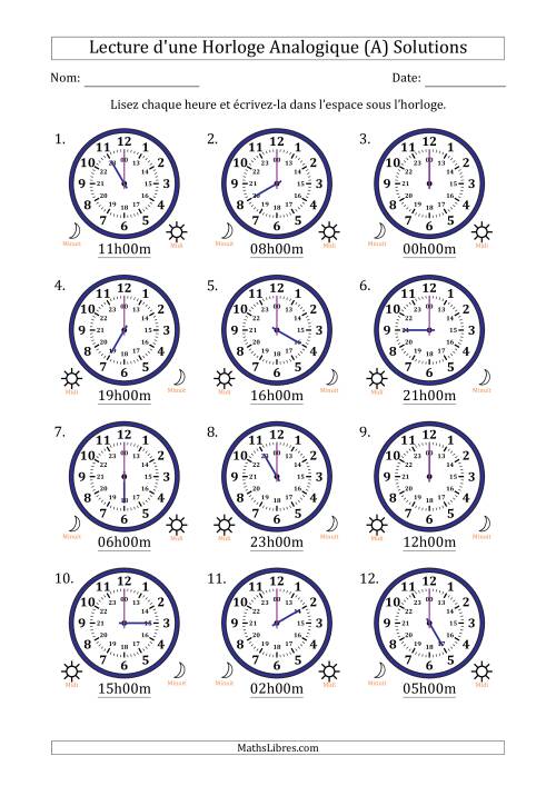 Lecture de l'Heure sur Une Horloge Analogique utilisant le système horaire sur 24 heures avec 1 Heures d'Intervalle (12 Horloges) (A) page 2