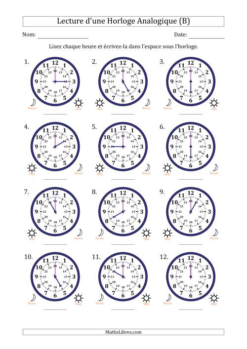 Lecture de l'Heure sur Une Horloge Analogique utilisant le système horaire sur 24 heures avec 1 Heures d'Intervalle (12 Horloges) (B)