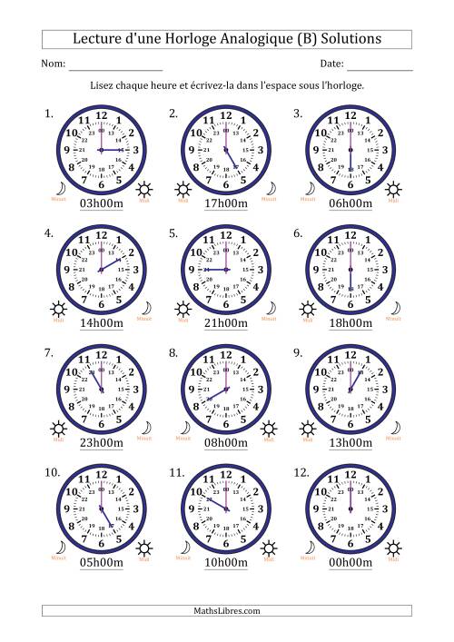 Lecture de l'Heure sur Une Horloge Analogique utilisant le système horaire sur 24 heures avec 1 Heures d'Intervalle (12 Horloges) (B) page 2