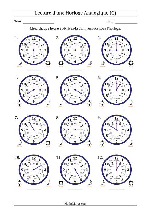 Lecture de l'Heure sur Une Horloge Analogique utilisant le système horaire sur 24 heures avec 1 Heures d'Intervalle (12 Horloges) (C)