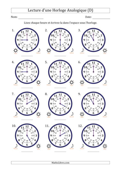 Lecture de l'Heure sur Une Horloge Analogique utilisant le système horaire sur 24 heures avec 1 Heures d'Intervalle (12 Horloges) (D)