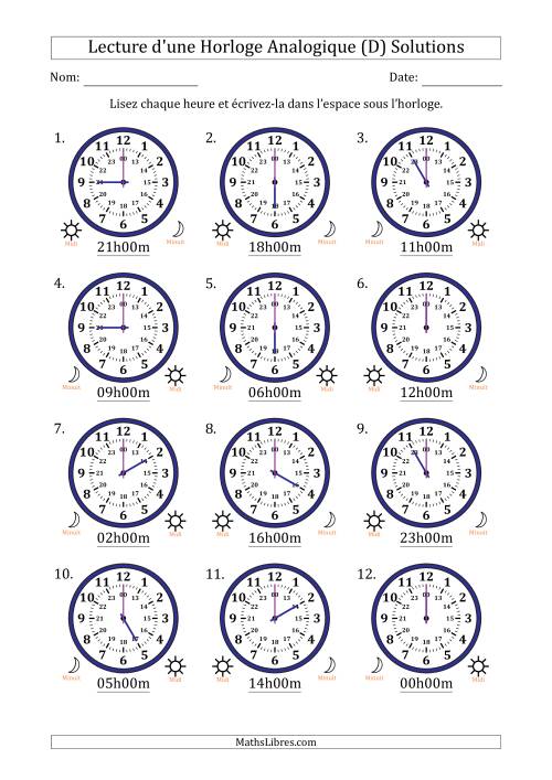 Lecture de l'Heure sur Une Horloge Analogique utilisant le système horaire sur 24 heures avec 1 Heures d'Intervalle (12 Horloges) (D) page 2