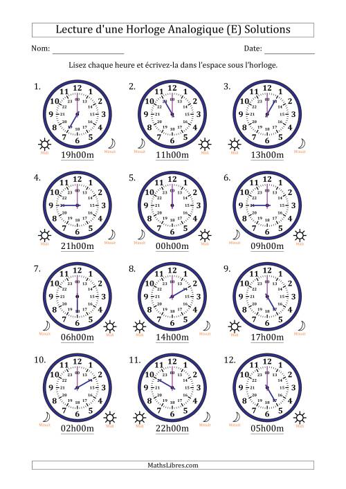 Lecture de l'Heure sur Une Horloge Analogique utilisant le système horaire sur 24 heures avec 1 Heures d'Intervalle (12 Horloges) (E) page 2