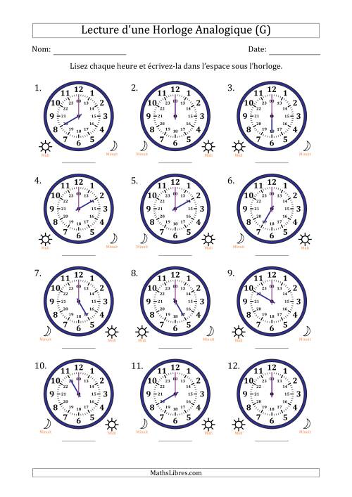 Lecture de l'Heure sur Une Horloge Analogique utilisant le système horaire sur 24 heures avec 1 Heures d'Intervalle (12 Horloges) (G)