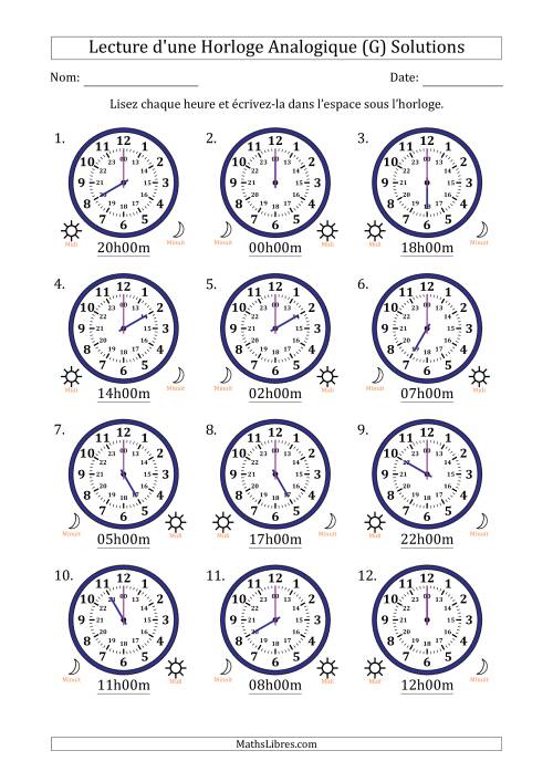 Lecture de l'Heure sur Une Horloge Analogique utilisant le système horaire sur 24 heures avec 1 Heures d'Intervalle (12 Horloges) (G) page 2