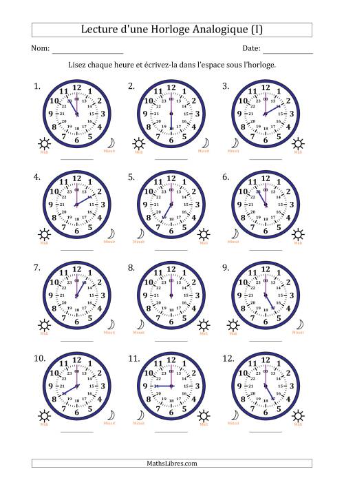 Lecture de l'Heure sur Une Horloge Analogique utilisant le système horaire sur 24 heures avec 1 Heures d'Intervalle (12 Horloges) (I)