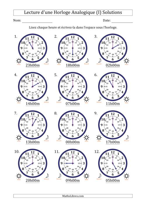 Lecture de l'Heure sur Une Horloge Analogique utilisant le système horaire sur 24 heures avec 1 Heures d'Intervalle (12 Horloges) (I) page 2