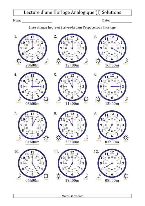 Lecture de l'Heure sur Une Horloge Analogique utilisant le système horaire sur 24 heures avec 1 Heures d'Intervalle (12 Horloges) (J) page 2
