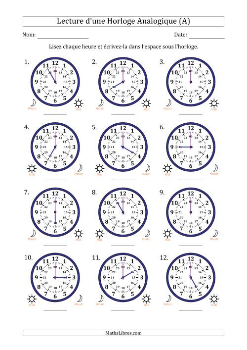 Lecture de l'Heure sur Une Horloge Analogique utilisant le système horaire sur 24 heures avec 1 Heures d'Intervalle (12 Horloges) (Tout)