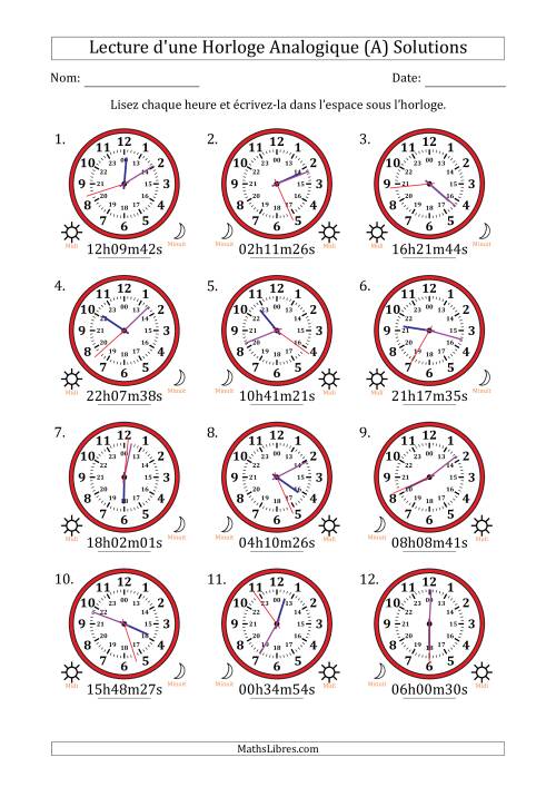 Lecture de l'Heure sur Une Horloge Analogique utilisant le système horaire sur 24 heures avec 1 Secondes d'Intervalle (12 Horloges) (A) page 2