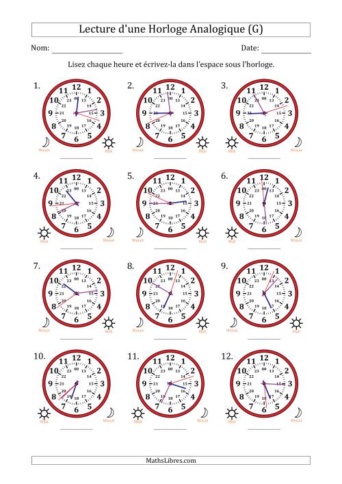 Lecture de l'Heure sur Une Horloge Analogique utilisant le système horaire sur 24 heures avec 1 Secondes d'Intervalle (12 Horloges) (G)