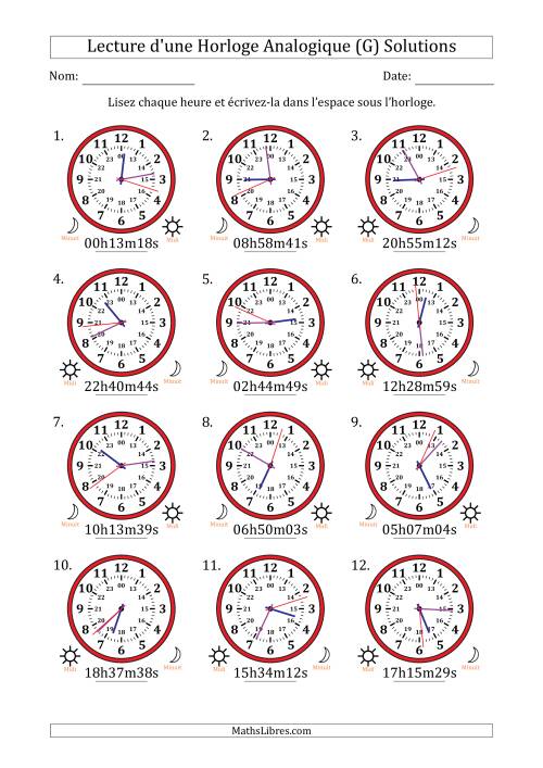 Lecture de l'Heure sur Une Horloge Analogique utilisant le système horaire sur 24 heures avec 1 Secondes d'Intervalle (12 Horloges) (G) page 2