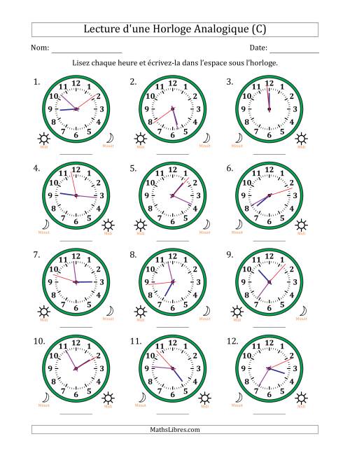 Lecture de l'Heure sur Une Horloge Analogique utilisant le système horaire sur 12 heures avec 1 Secondes d'Intervalle (12 Horloges) (C)