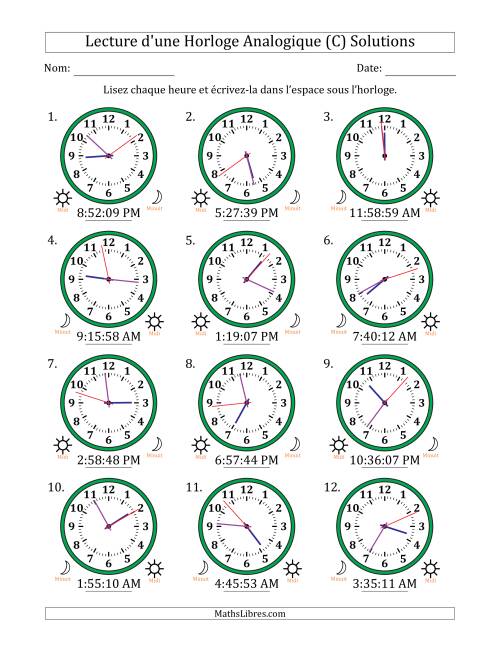 Lecture de l'Heure sur Une Horloge Analogique utilisant le système horaire sur 12 heures avec 1 Secondes d'Intervalle (12 Horloges) (C) page 2