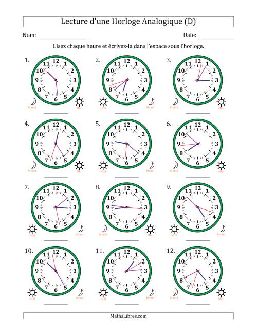 Lecture de l'Heure sur Une Horloge Analogique utilisant le système horaire sur 12 heures avec 1 Secondes d'Intervalle (12 Horloges) (D)