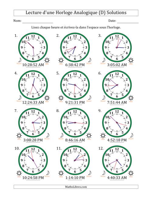 Lecture de l'Heure sur Une Horloge Analogique utilisant le système horaire sur 12 heures avec 1 Secondes d'Intervalle (12 Horloges) (D) page 2