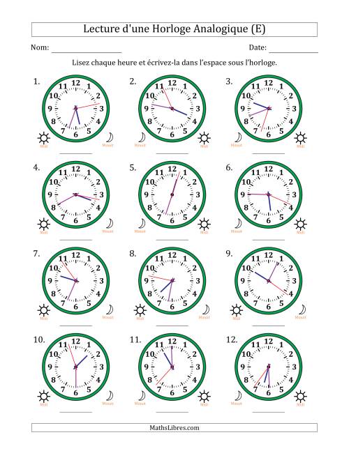 Lecture de l'Heure sur Une Horloge Analogique utilisant le système horaire sur 12 heures avec 1 Secondes d'Intervalle (12 Horloges) (E)