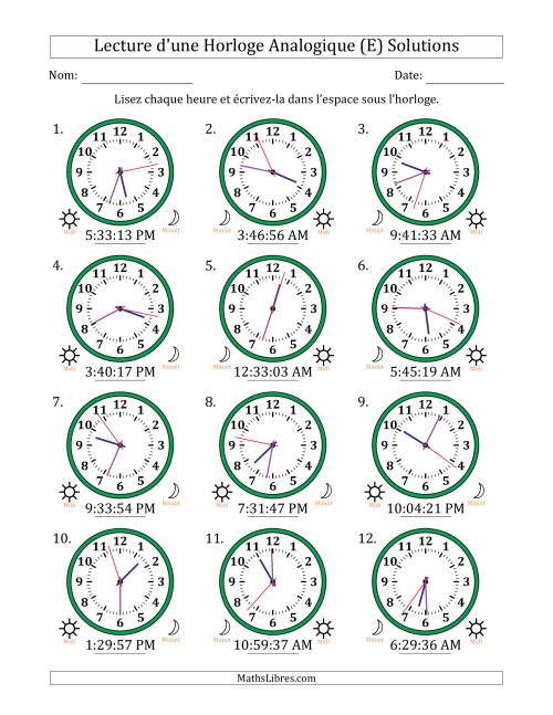 Lecture de l'Heure sur Une Horloge Analogique utilisant le système horaire sur 12 heures avec 1 Secondes d'Intervalle (12 Horloges) (E) page 2