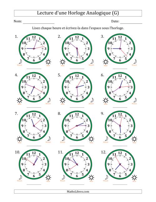Lecture de l'Heure sur Une Horloge Analogique utilisant le système horaire sur 12 heures avec 1 Secondes d'Intervalle (12 Horloges) (G)