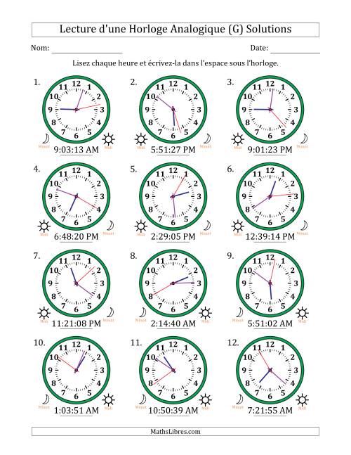 Lecture de l'Heure sur Une Horloge Analogique utilisant le système horaire sur 12 heures avec 1 Secondes d'Intervalle (12 Horloges) (G) page 2