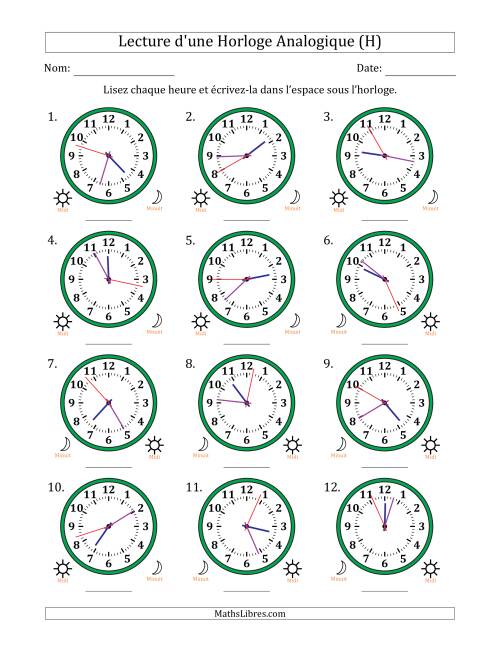 Lecture de l'Heure sur Une Horloge Analogique utilisant le système horaire sur 12 heures avec 1 Secondes d'Intervalle (12 Horloges) (H)