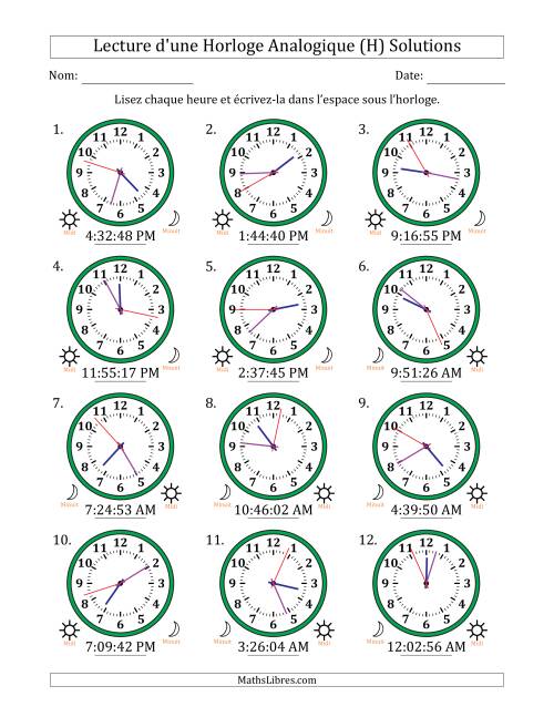 Lecture de l'Heure sur Une Horloge Analogique utilisant le système horaire sur 12 heures avec 1 Secondes d'Intervalle (12 Horloges) (H) page 2