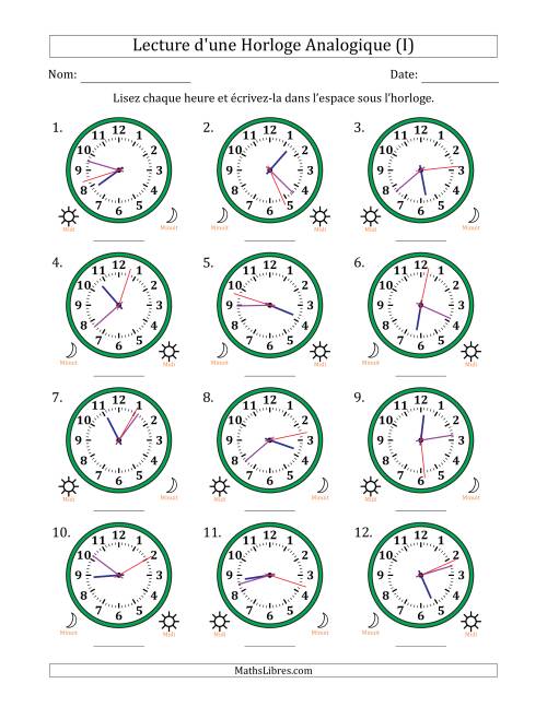 Lecture de l'Heure sur Une Horloge Analogique utilisant le système horaire sur 12 heures avec 1 Secondes d'Intervalle (12 Horloges) (I)