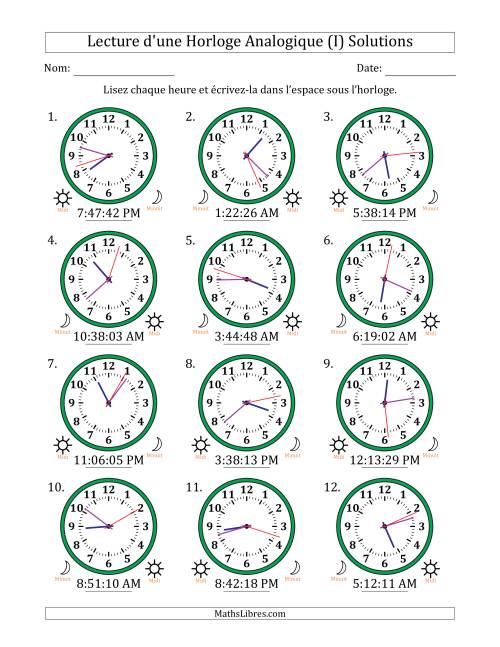 Lecture de l'Heure sur Une Horloge Analogique utilisant le système horaire sur 12 heures avec 1 Secondes d'Intervalle (12 Horloges) (I) page 2