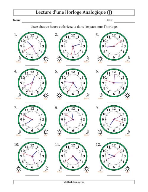 Lecture de l'Heure sur Une Horloge Analogique utilisant le système horaire sur 12 heures avec 1 Secondes d'Intervalle (12 Horloges) (J)
