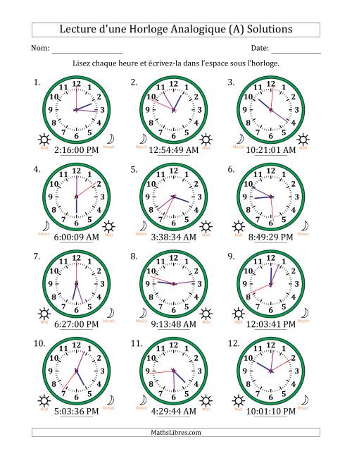 Lecture de l'Heure sur Une Horloge Analogique utilisant le système horaire sur 12 heures avec 1 Secondes d'Intervalle (12 Horloges) (Tout) page 2