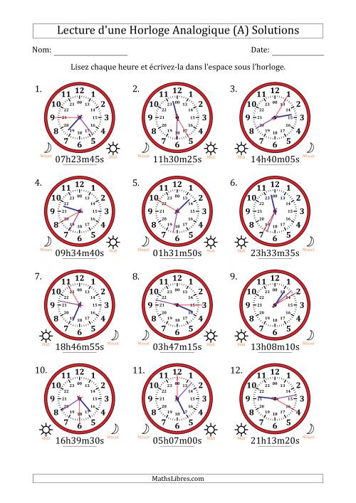 Lecture de l'Heure sur Une Horloge Analogique utilisant le système horaire sur 24 heures avec 5 Secondes d'Intervalle (12 Horloges) (A) page 2