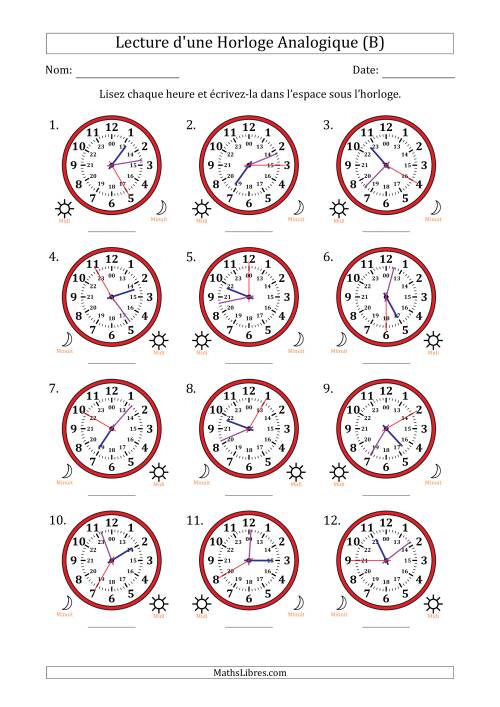 Lecture de l'Heure sur Une Horloge Analogique utilisant le système horaire sur 24 heures avec 5 Secondes d'Intervalle (12 Horloges) (B)