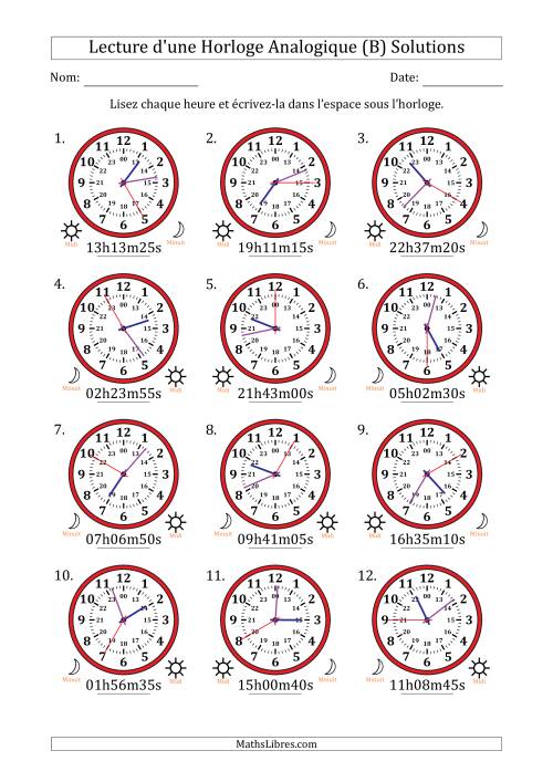 Lecture de l'Heure sur Une Horloge Analogique utilisant le système horaire sur 24 heures avec 5 Secondes d'Intervalle (12 Horloges) (B) page 2
