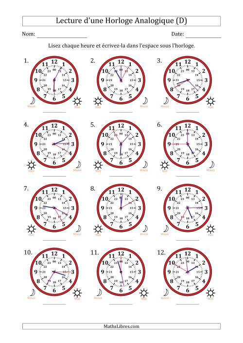 Lecture de l'Heure sur Une Horloge Analogique utilisant le système horaire sur 24 heures avec 5 Secondes d'Intervalle (12 Horloges) (D)