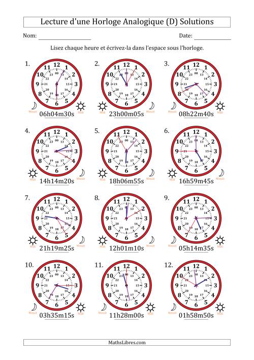 Lecture de l'Heure sur Une Horloge Analogique utilisant le système horaire sur 24 heures avec 5 Secondes d'Intervalle (12 Horloges) (D) page 2