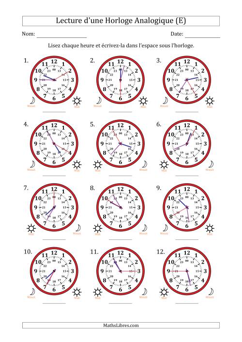 Lecture de l'Heure sur Une Horloge Analogique utilisant le système horaire sur 24 heures avec 5 Secondes d'Intervalle (12 Horloges) (E)