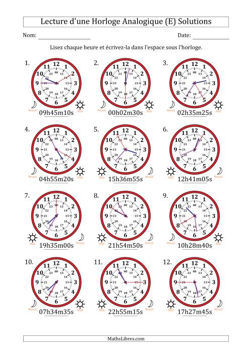 Lecture de l'Heure sur Une Horloge Analogique utilisant le système horaire sur 24 heures avec 5 Secondes d'Intervalle (12 Horloges) (E) page 2