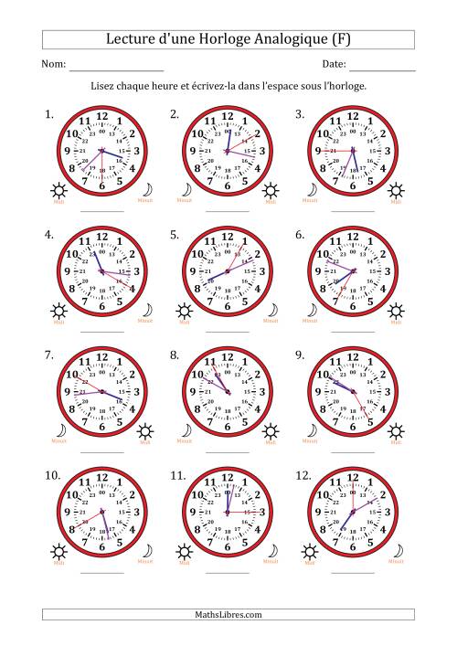Lecture de l'Heure sur Une Horloge Analogique utilisant le système horaire sur 24 heures avec 5 Secondes d'Intervalle (12 Horloges) (F)