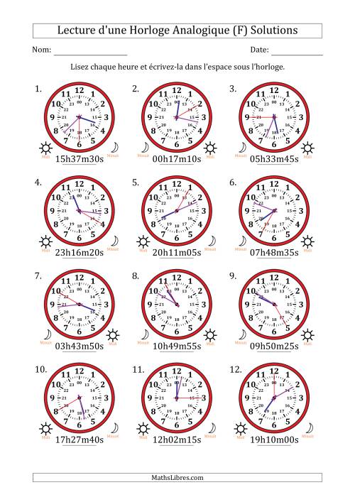 Lecture de l'Heure sur Une Horloge Analogique utilisant le système horaire sur 24 heures avec 5 Secondes d'Intervalle (12 Horloges) (F) page 2