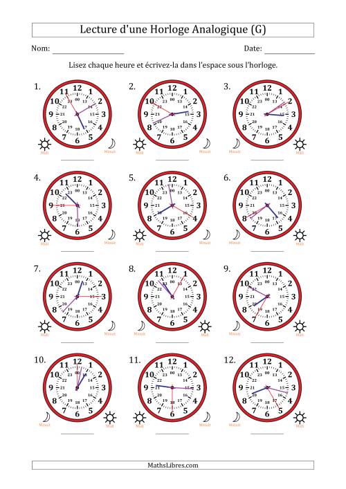 Lecture de l'Heure sur Une Horloge Analogique utilisant le système horaire sur 24 heures avec 5 Secondes d'Intervalle (12 Horloges) (G)